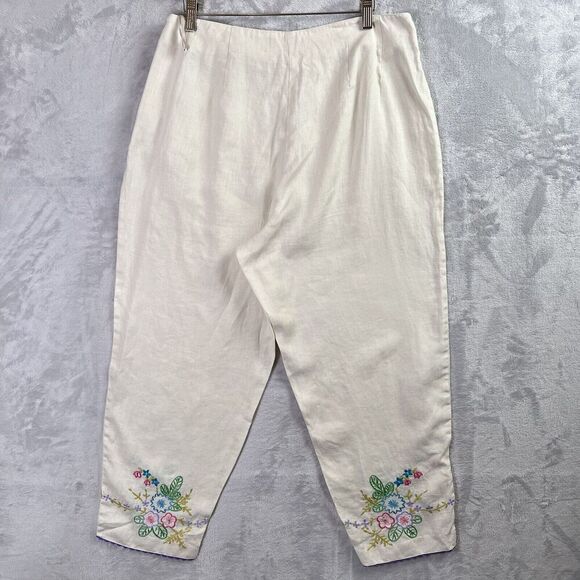 Mark, Fore & Strike Linen Pants Women's 12 Cream Embroidered Hems Floral Spring - Picture 2 of 16